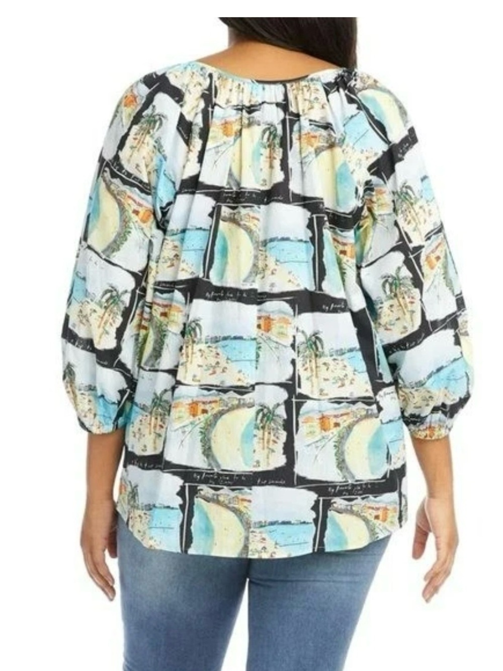 Karen Kane Blue Multi Scenic Square-Print Cotton Peasant Blouse - XL - Picture 3 of 9